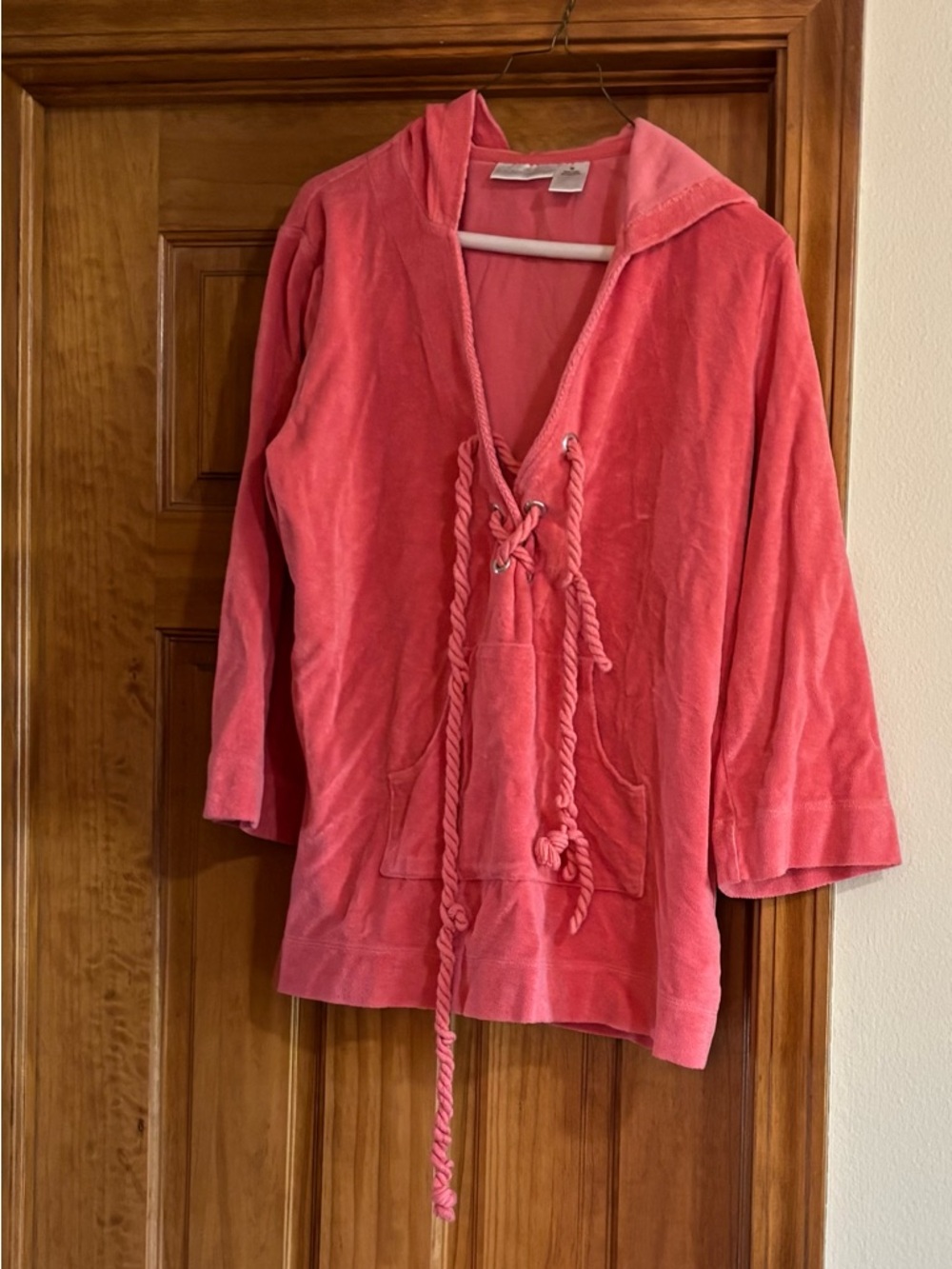 Coral Pink Hooded Terry Pullover with Rope Drawstring soft surroundings brand